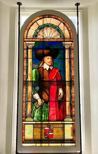 Nathaniel Bacon’s image was romanticized long past Jefferson’s erroneous use during the Revolutionary War; in the early 20th century Preservation Virginia, then known as the Association for the Preservation of Virginia Antiquities, commissioned this stained glass window to commemorate Bacon. Today, it is displayed at Bacon’s Castle as a representation of how far our scholarship and understanding of the past has come.